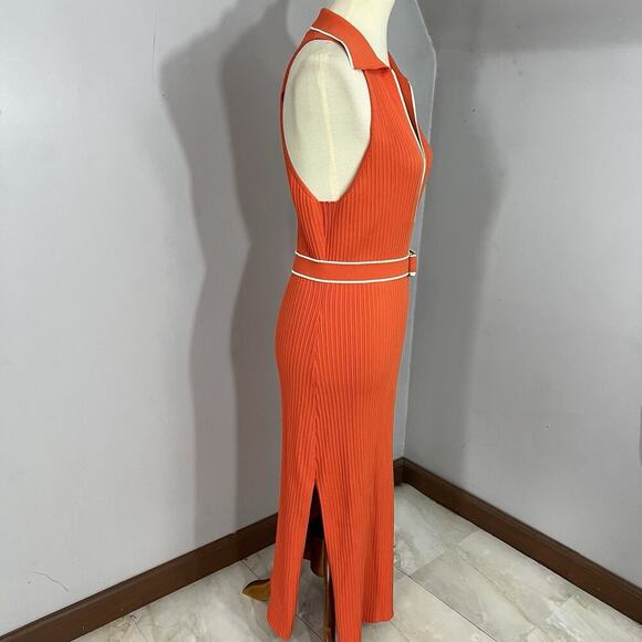 Nicholas Giuliana Ribbed Knit Midi Belted Sweater Dress Large Orange Stretchy - Picture 8 of 16